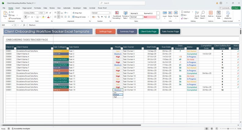 CRM-style client management dashboard in Excel
