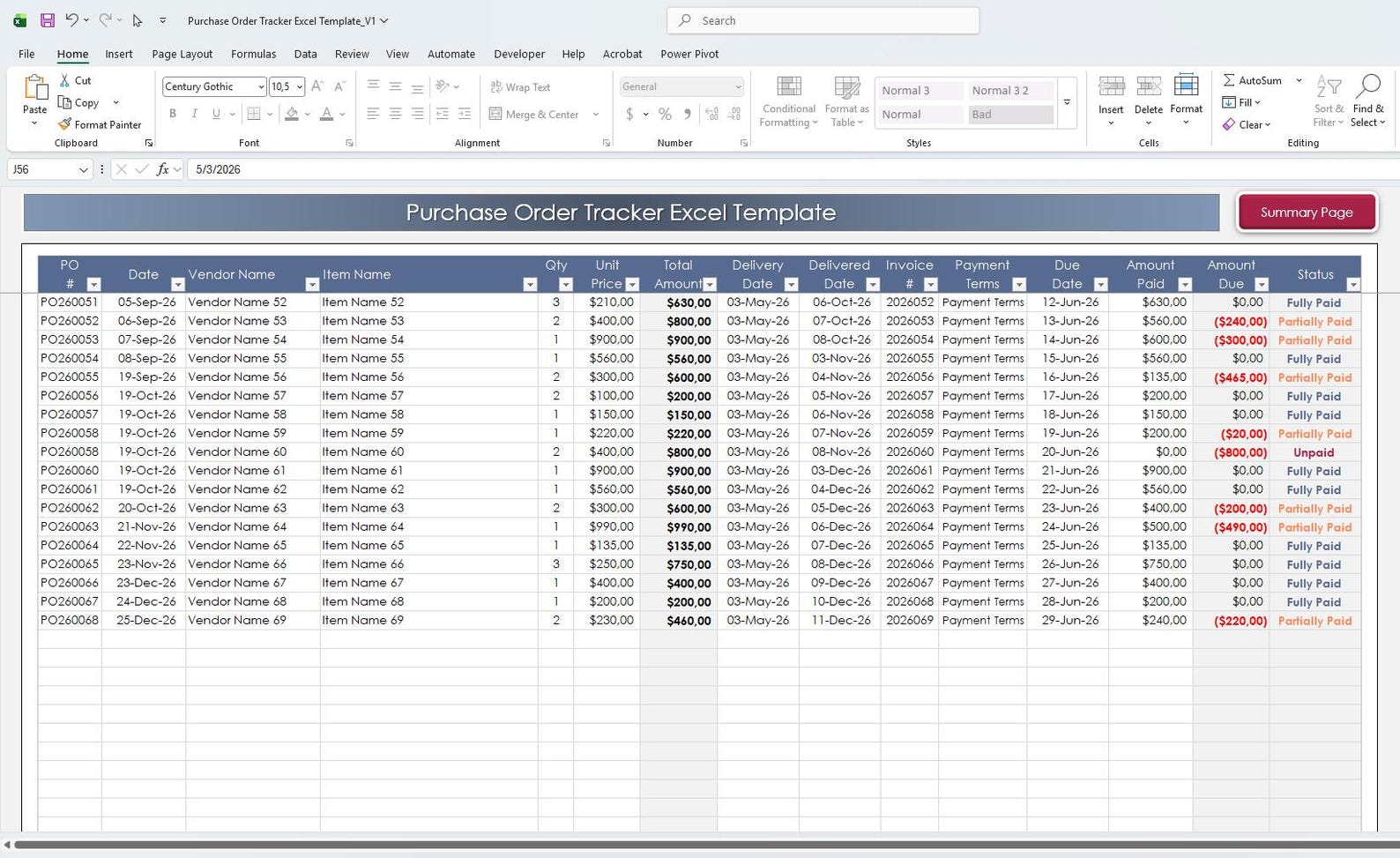 Purchase Order Tracker Excel Template | PO Log & Procurement Dashboard ...