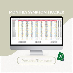May include: A computer screen displaying a monthly symptom tracker spreadsheet. The spreadsheet is titled 'MAY SYMPTOM PAGE' and has a list of symptoms with checkboxes for each day of the month. The spreadsheet also has a section for notes. The screen is on a white background and has a green download button with an X in the corner. The text 'Personal Template' is displayed below the screen.