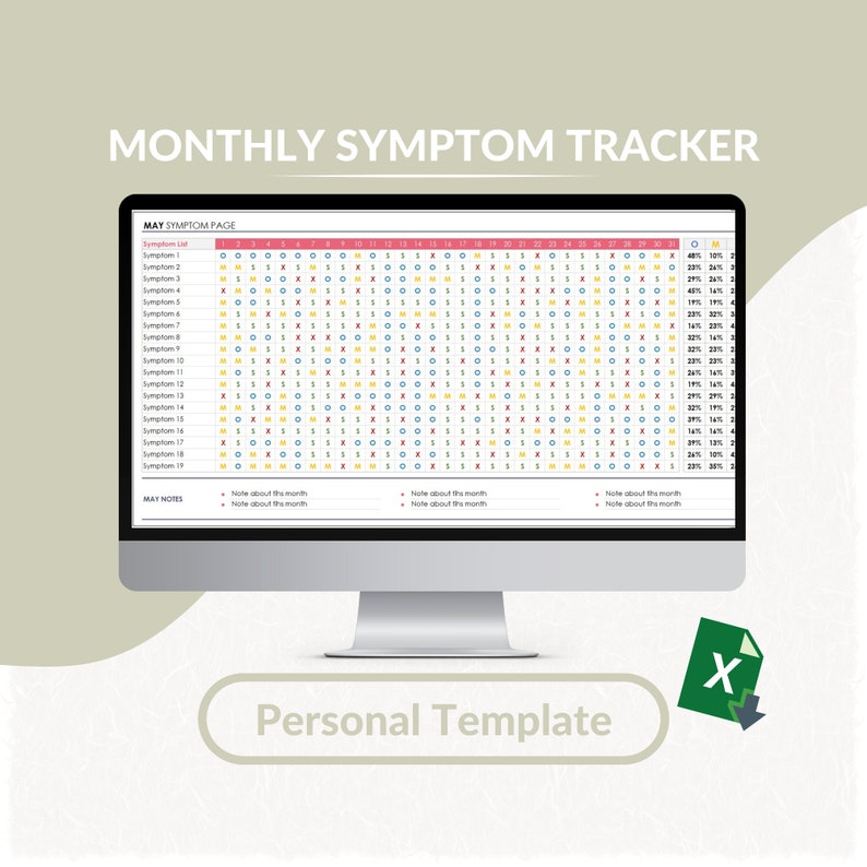 May include: A computer screen displaying a monthly symptom tracker spreadsheet. The spreadsheet is titled 'MAY SYMPTOM PAGE' and has a list of symptoms with checkboxes for each day of the month. The spreadsheet also has a section for notes. The screen is on a white background and has a green download button with an X in the corner. The text 'Personal Template' is displayed below the screen.