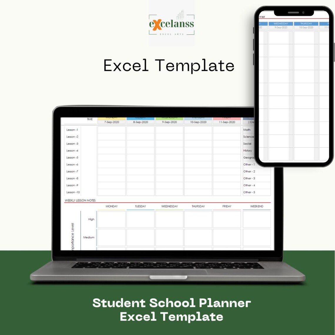 Student School Planner Excel Template: Schedule, Homework, Activity ...