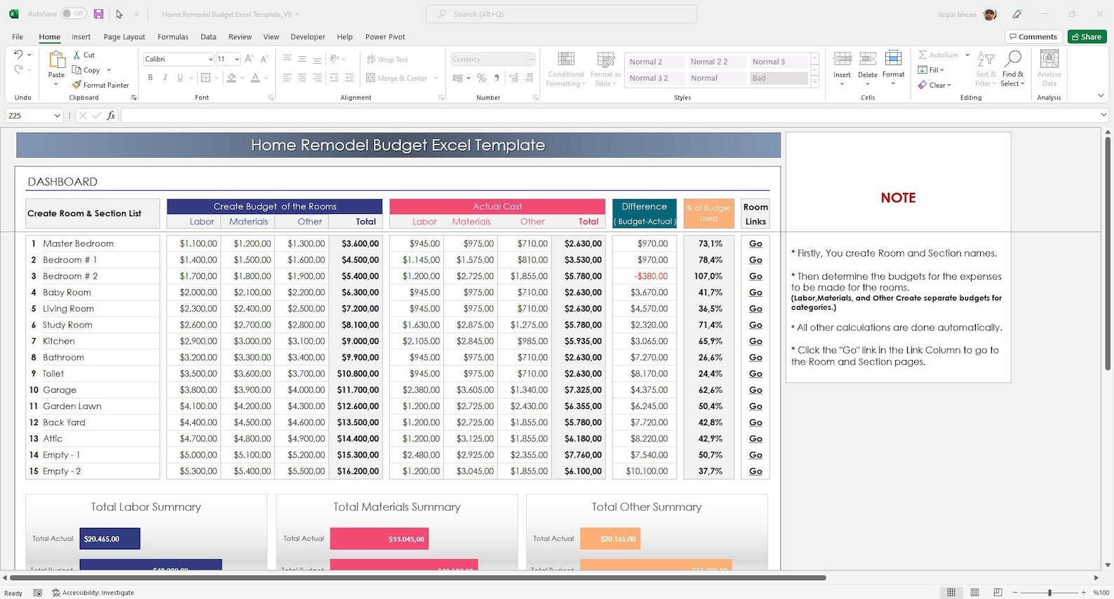 Home Renovation Home Remodel Budget Excel Template Home - Etsy