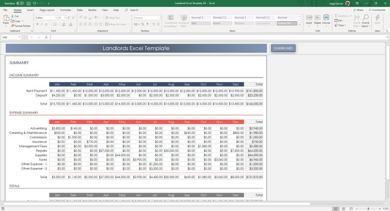 May include: A spreadsheet template for landlords to track income and expenses. The spreadsheet is divided into sections for income summary, expense summary, and totals. The spreadsheet includes columns for each month of the year and a total column.
