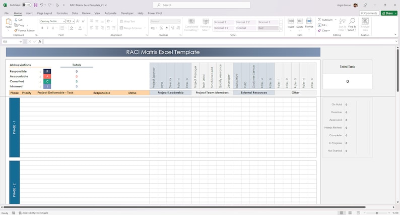RACI Matrix Excel Template | Project Responsibility Matrix & Task ...
