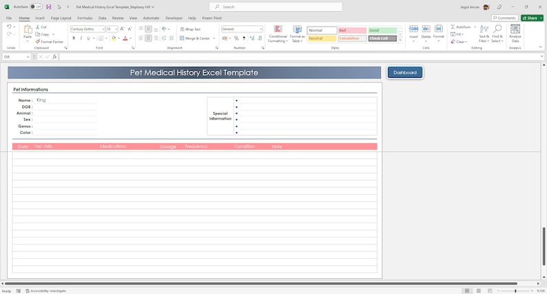 Pet care records spreadsheet template in Excel