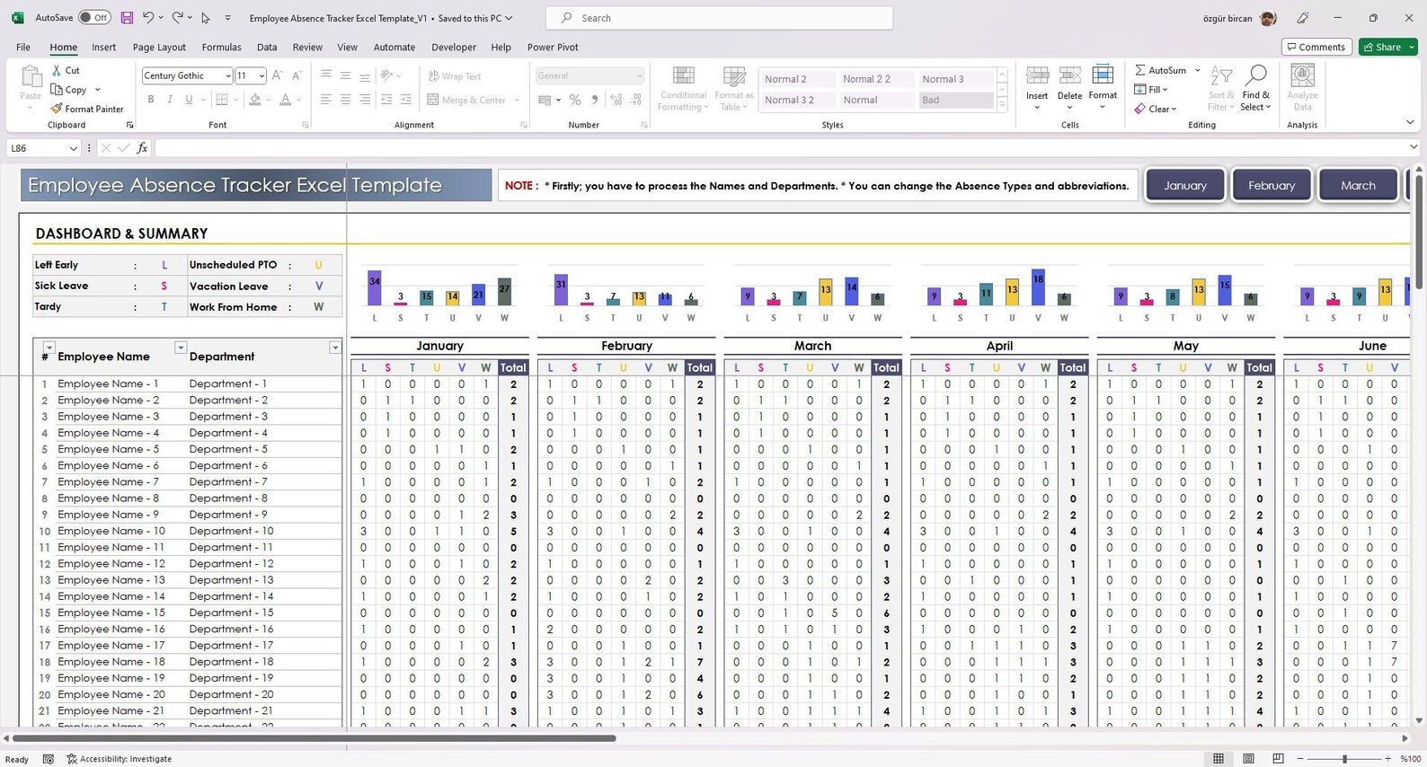Employee Absence Tracker Excel Template: Monthly Attendance (digital ...