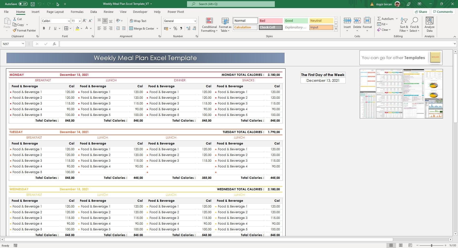 Weekly Meal Planner Excel Template | 7-day Calorie Tracker Spreadsheet ...