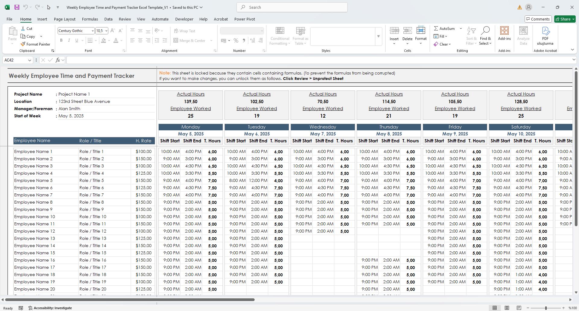 Weekly Employee Timesheet & Payment Tracker Excel Template: Work Hours ...