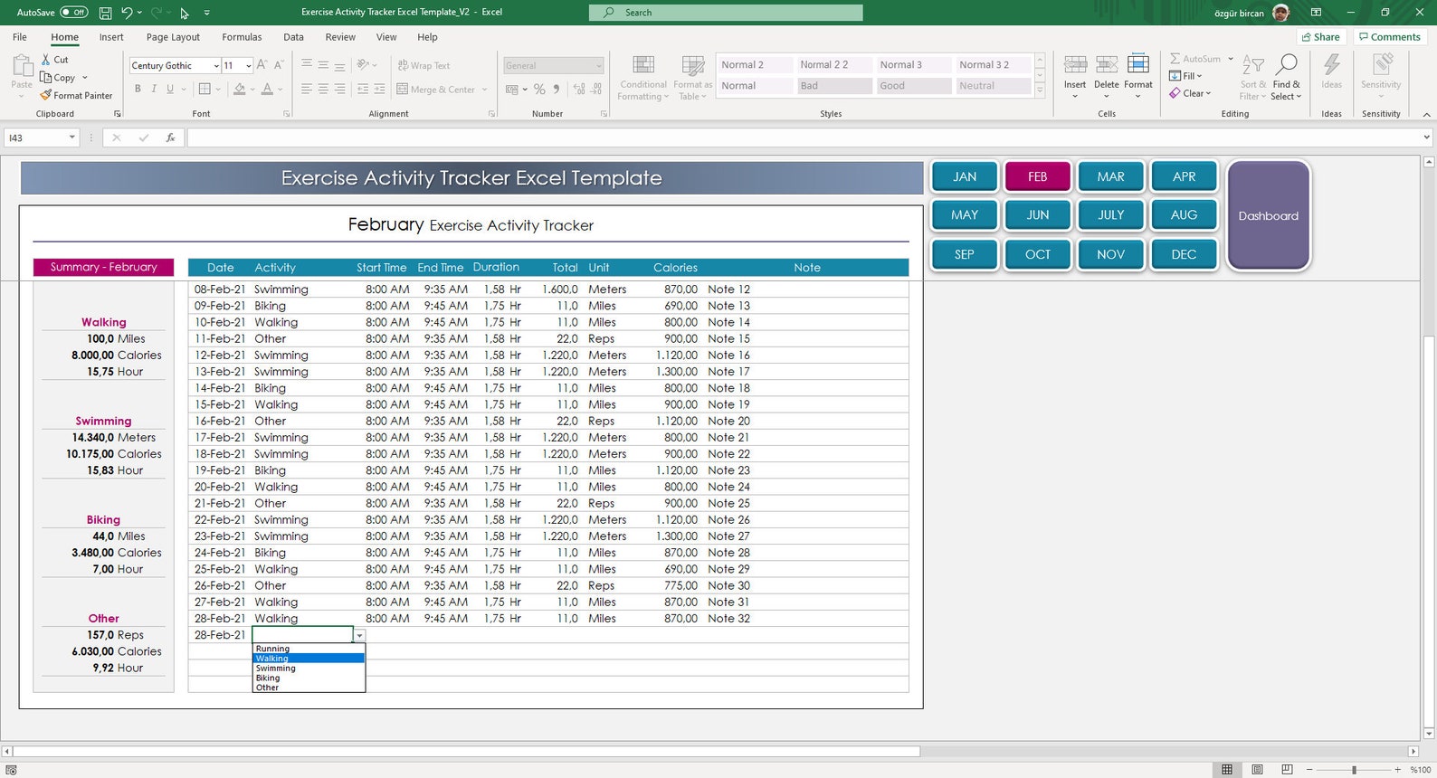 Exercise Activity Tracker Excel Template Workout Log Etsy