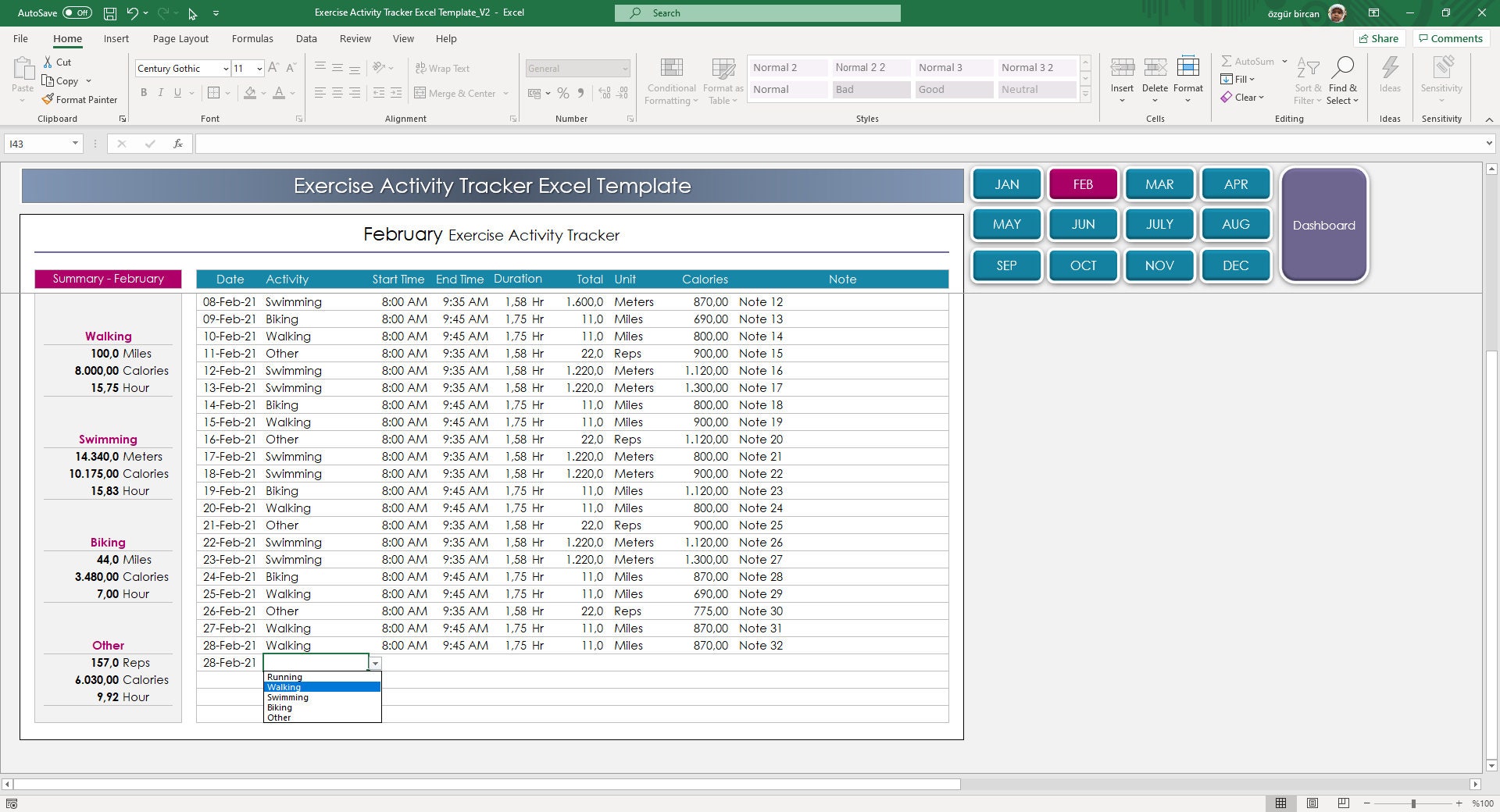 Exercise Activity Tracker Excel Template Workout Log Etsy