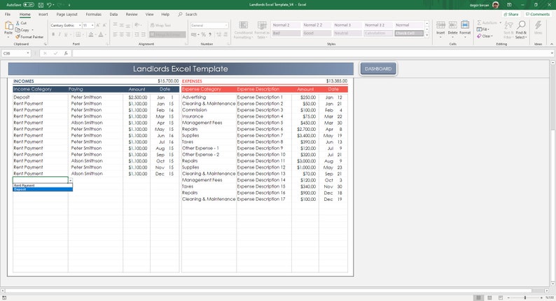 May include: A spreadsheet template for landlords to track their income and expenses. The spreadsheet is divided into two sections: "Incomes" and "Expenses". The "Incomes" section includes columns for "Income Category", "Paying", "Amount", and "Date". The "Expenses" section includes columns for "Expense Category", "Expense Description", "Amount", and "Date". The spreadsheet also includes a "Cashflow" section.