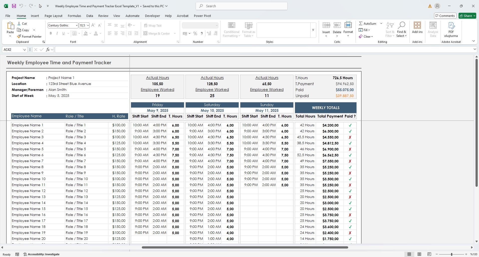 Weekly Employee Timesheet & Payment Tracker Excel Template: Work Hours ...