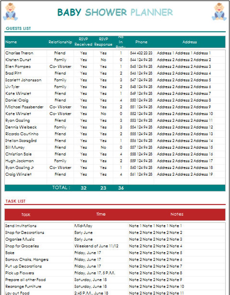 Baby Shower Planner Excel Template Baby Shower Tracker Etsy