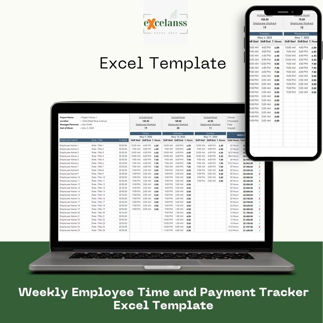 Weekly Employee Timesheet & Payment Tracker Excel Template: Work Hours ...