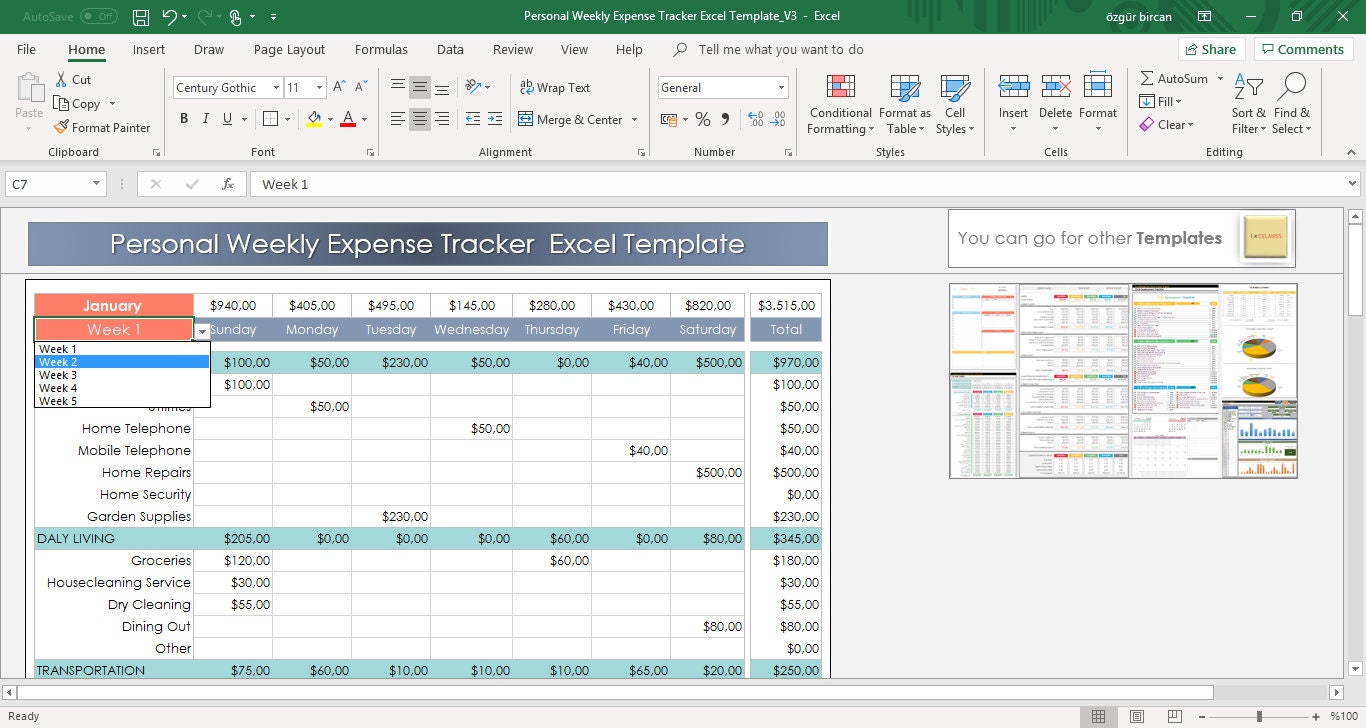 Personal Weekly Expense Tracker Excel Template Budget - Etsy