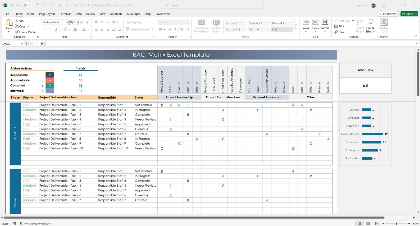 RACI Matrix Excel Template | Project Responsibility Matrix & Task ...