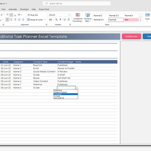 K&ouml;nnte beinhalten: Ein Screenshot eines Tabellenkalkulationsprogramms mit einer Tabelle mit dem Titel "Editorial Task Planner Excel Template". Die Tabelle hat Spalten f&uuml;r "Aufgabe", "Datum", "Zugewiesen", "Inhaltsart", "Inhaltsphase" und "Notiz". Die Tabelle ist mit Beispieldaten gef&uuml;llt, darunter Aufgaben wie "Artikel 1", "Artikel 2" und "Artikel 3".