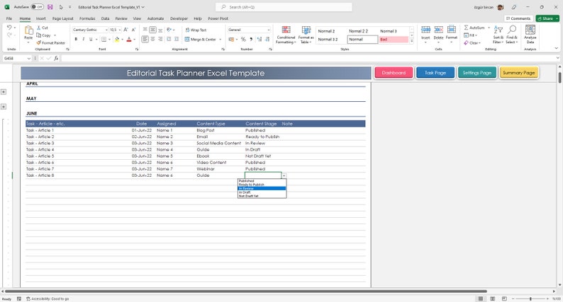 K&ouml;nnte beinhalten: Ein Screenshot eines Tabellenkalkulationsprogramms mit einer Tabelle mit dem Titel "Editorial Task Planner Excel Template". Die Tabelle hat Spalten f&uuml;r "Aufgabe", "Datum", "Zugewiesen", "Inhaltsart", "Inhaltsphase" und "Notiz". Die Tabelle ist mit Beispieldaten gef&uuml;llt, darunter Aufgaben wie "Artikel 1", "Artikel 2" und "Artikel 3".