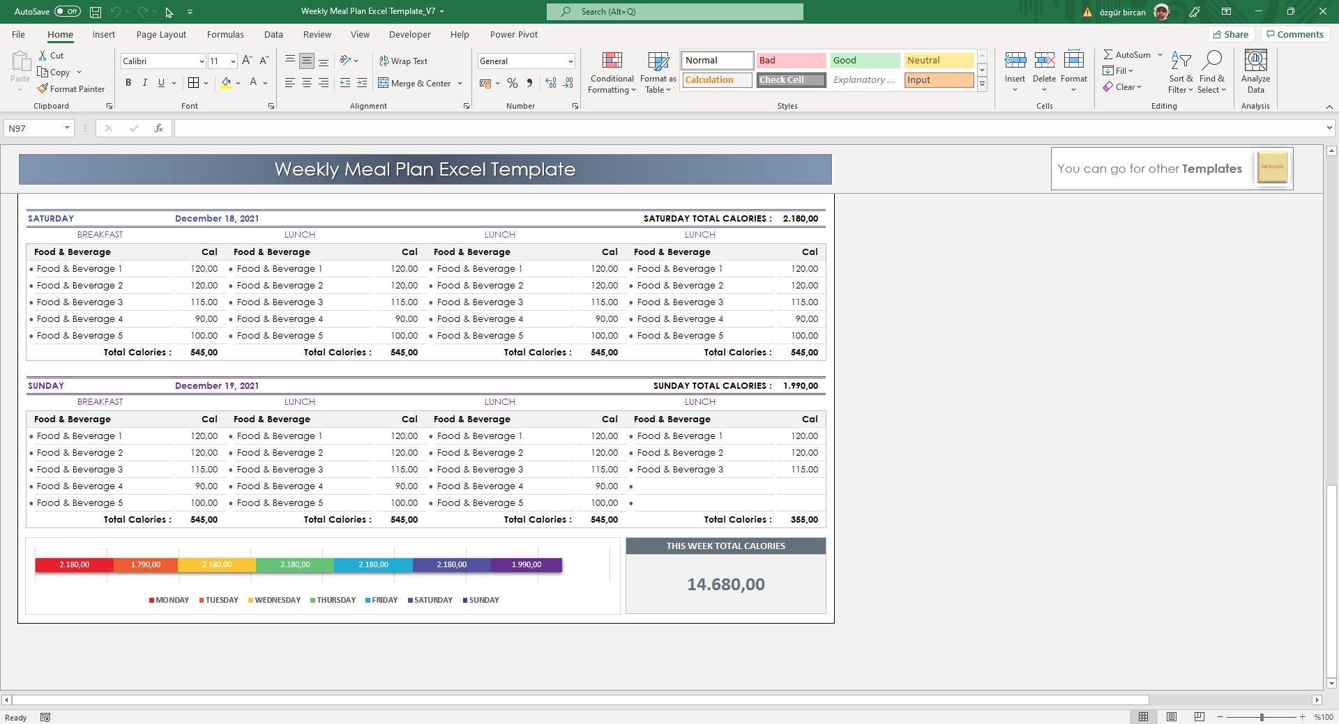 Weekly Meal Plan Excel Template Meal Plan With Calories - Etsy