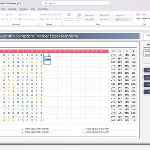 May include: A screenshot of a computer screen showing a spreadsheet with a monthly symptom tracker template. The spreadsheet is titled 'Monthly Symptom Tracker Excel Template' and is divided into sections for symptom list, symptom grades and abbreviations, and pages. The symptom list section has a table with 20 rows and 30 columns. The symptom grades and abbreviations section has a table with 5 rows and 4 columns. The pages section has a table with 4 rows and 3 columns. The spreadsheet is in a light gray color scheme and has a white background. The spreadsheet is open in Microsoft Excel.