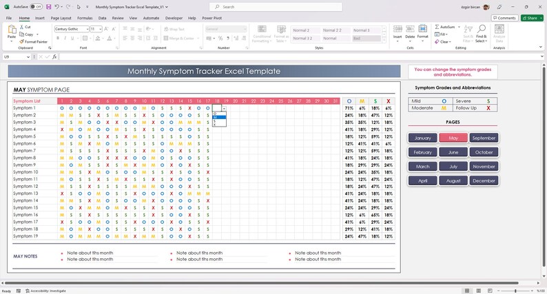 May include: A screenshot of a computer screen showing a spreadsheet with a monthly symptom tracker template. The spreadsheet is titled 'Monthly Symptom Tracker Excel Template' and is divided into sections for symptom list, symptom grades and abbreviations, and pages. The symptom list section has a table with 20 rows and 30 columns. The symptom grades and abbreviations section has a table with 5 rows and 4 columns. The pages section has a table with 4 rows and 3 columns. The spreadsheet is in a light gray color scheme and has a white background. The spreadsheet is open in Microsoft Excel.