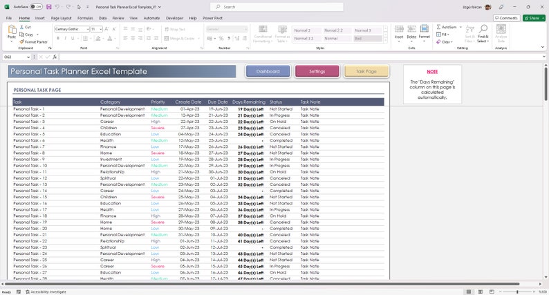 Task Planner Racker Excel Task Tracker Excel Template: Task Planner and Dashboard, Personal to Do ...