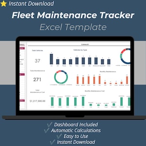 Pode incluir: Uma tela de laptop exibindo um modelo de Excel para rastreamento de manutenção de frota com um painel mostrando visualizações de dados, incluindo gráficos de barras e gráficos de rosca para tipos de veículos e custos.