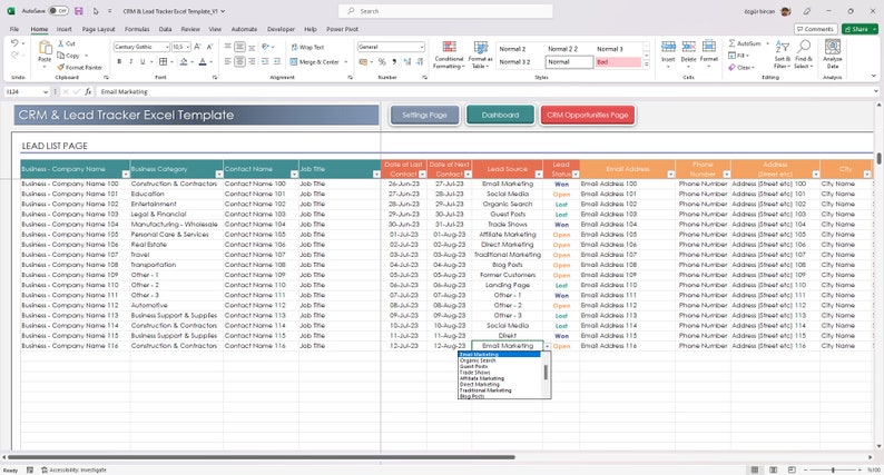 Excel CRM template for organizing client data and monitoring leads
