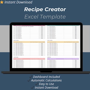 Modelo de planilha Excel para criação de receitas: 50 receitas em 5 categorias com páginas individuais.