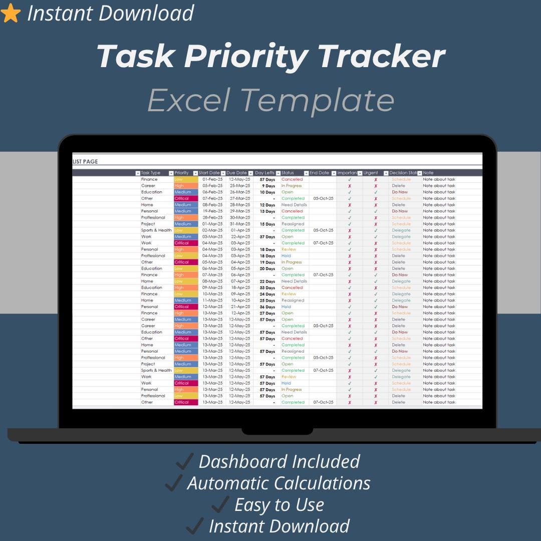 Task Priority Tracker Excel Template | To-do List Planner & Task ...