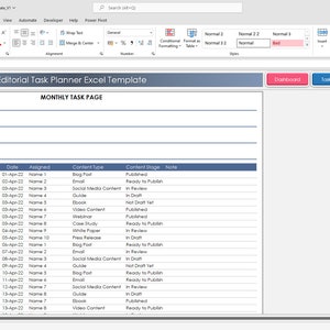 K&ouml;nnte beinhalten: Ein Screenshot einer Tabellenkalkulation mit einer monatlichen Aufgabenliste f&uuml;r einen Redaktionsaufgabenplaner. Die Tabellenkalkulation ist in Spalten f&uuml;r Aufgabe, Datum, Zuweisung, Inhaltstyp, Inhaltsphase und Notizen unterteilt. Die Tabellenkalkulation ist mit Aufgaben f&uuml;r den Monat April gef&uuml;llt.
