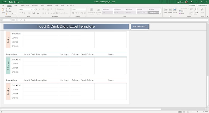 Food & Drink Diary Excel Template Food Journal Diary Drink - Etsy