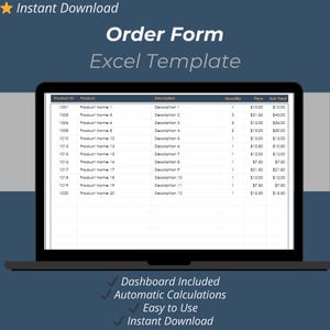 Order Form Excel Template: Sales & Purchase Tracker  (Printable, Editable)