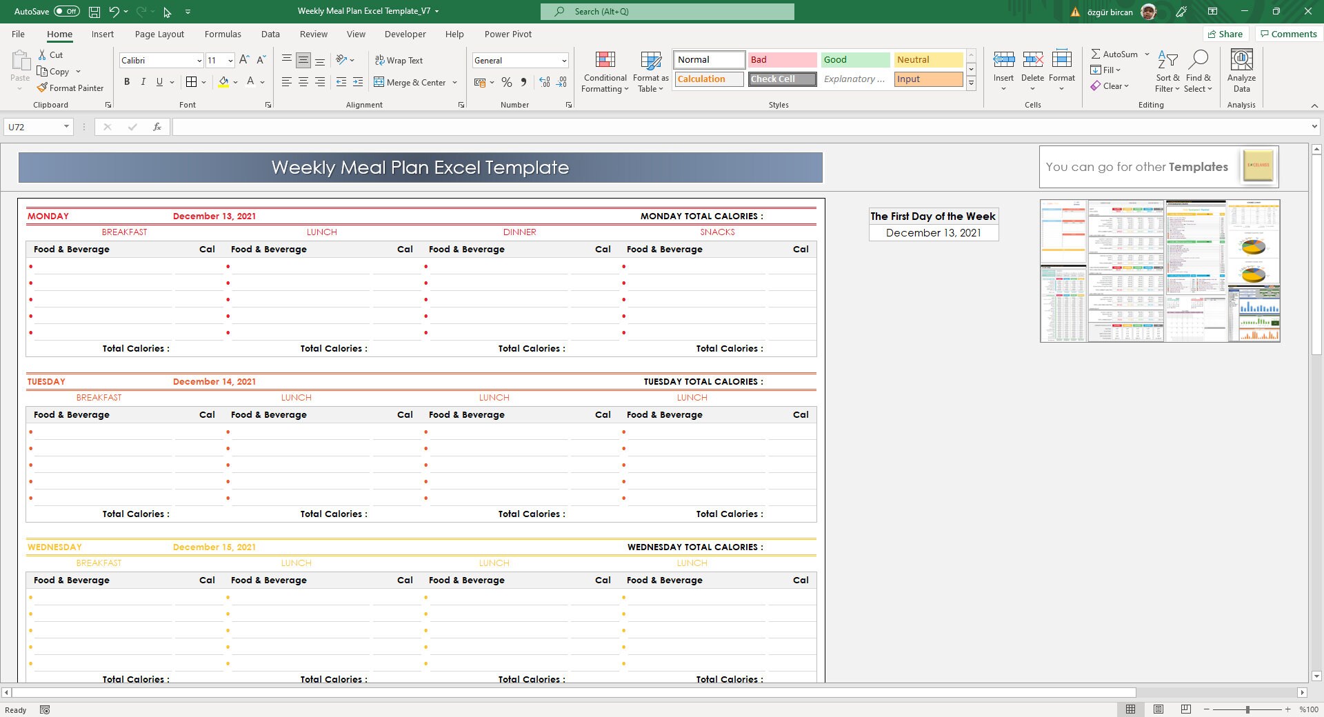Weekly Meal Plan Excel Template Meal Plan With Calories - Etsy