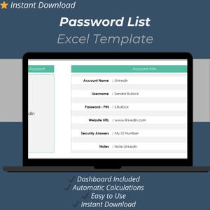Modelo de planilha Excel para lista de senhas: Controle seguro de senhas (preenchível e editável)