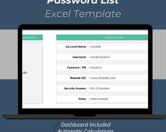 Password List Excel Template: Secure Password Tracker (Fillable, Editable)