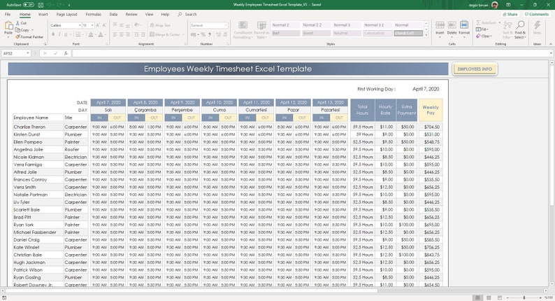 Weekly Employees Timesheet Excel Template Employee Work | Etsy