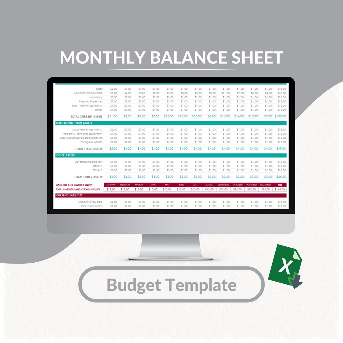 Monthly Balance Sheet Excel Template Finance Tracker - Etsy