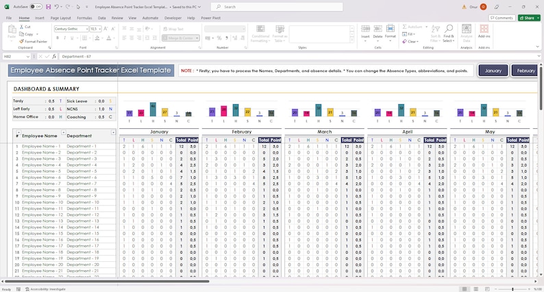 Employee Absence Point Tracker Excel Template | HR Attendance Tracking ...