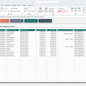Puede incluir: Captura de pantalla de una hoja de c&aacute;lculo de Microsoft Excel titulada "Client Onboarding Workflow". La hoja de c&aacute;lculo muestra datos del cliente, incluyendo ID de cliente, nombre, n&uacute;mero de tel&eacute;fono, industria, tipo de servicio, fecha del contrato, fecha de inicio y fecha de vencimiento prevista. La interfaz incluye pesta&ntilde;as para diferentes p&aacute;ginas.