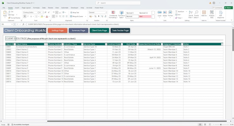 Puede incluir: Captura de pantalla de una hoja de c&aacute;lculo de Microsoft Excel titulada "Client Onboarding Workflow". La hoja de c&aacute;lculo muestra datos del cliente, incluyendo ID de cliente, nombre, n&uacute;mero de tel&eacute;fono, industria, tipo de servicio, fecha del contrato, fecha de inicio y fecha de vencimiento prevista. La interfaz incluye pesta&ntilde;as para diferentes p&aacute;ginas.