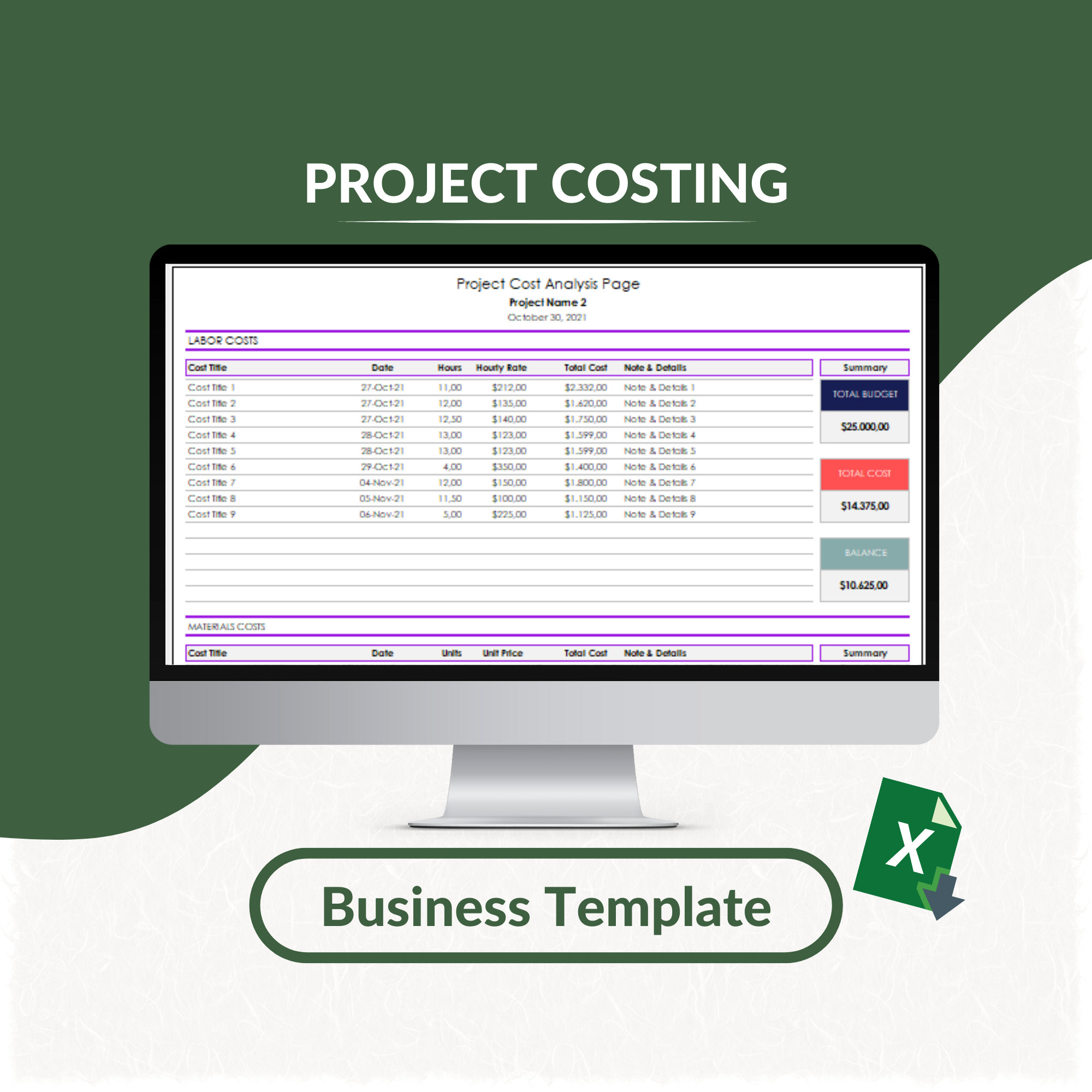 project costing excel template