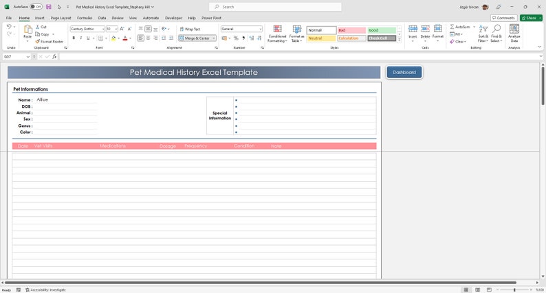 Printable pet health and medical history tracker Excel