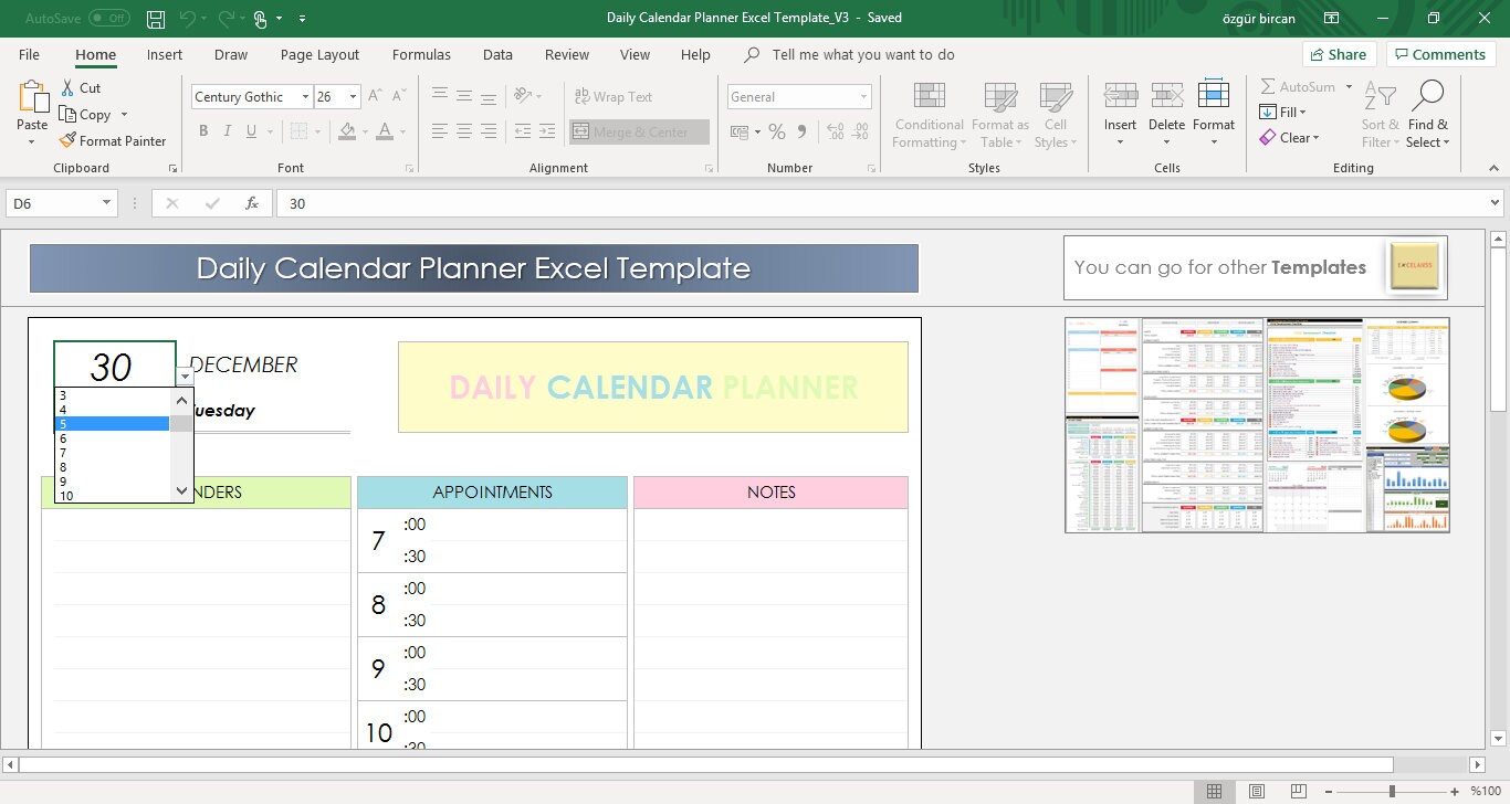 Daily Calendar Planner Excel Template Daily Planner Template | Etsy