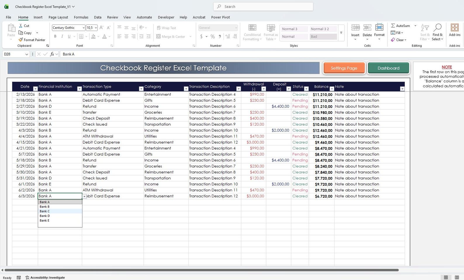 Checkbook Register Excel Template | Check Register Spreadsheet | Bank ...