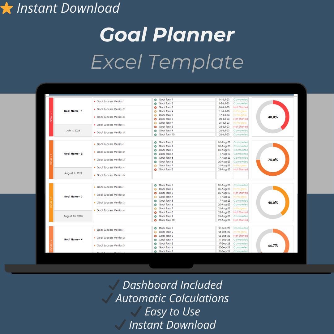 Goal Tracker In Excel Goal Planner Excel Template – Track & Achieve 10 Personal or ...