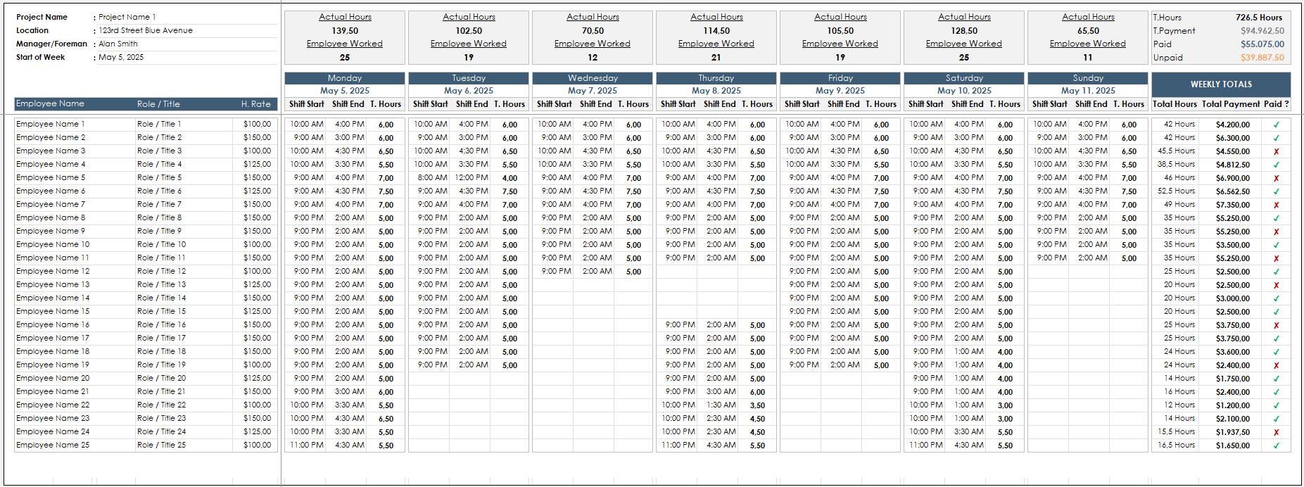 Weekly Employee Timesheet & Payment Tracker Excel Template: Work Hours ...