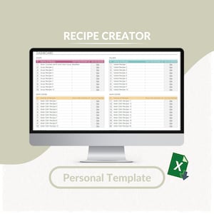 Rezept-Creator Excel-Vorlage | Bearbeitbarer Rezeptordner | Rezept Excel Planer | Rezept-Tracker | Druckbares Blatt | Bearbeitbare Tabelle