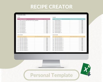 Modello Excel per la creazione di ricette / Raccoglitore di ricette modificabile / Pianificatore di ricette Excel / Tracker di ricette / Foglio stampabile / Foglio di calcolo modificabile