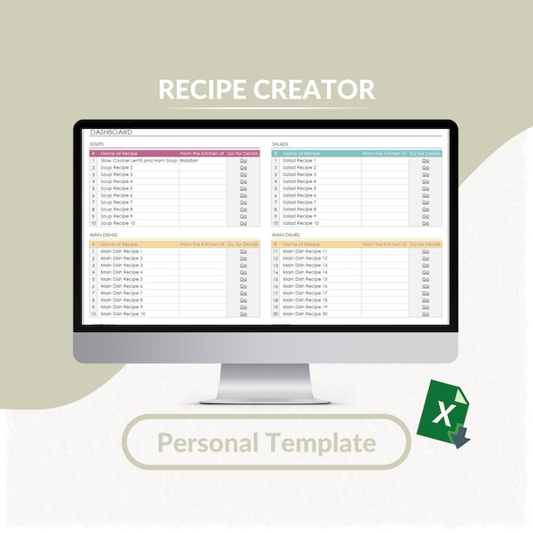 Rezeptersteller Excel Vorlage | Bearbeitbare Rezeptmappe | Rezept Excel Planner | Rezept Tracker | Druckbares Blatt | Bearbeitbare Tabelle